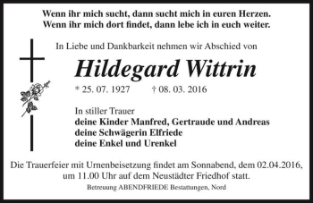 Traueranzeige von Hildegard Wittrin  von Magdeburger Volksstimme