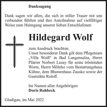 Traueranzeige von Hildegard Wolf  von Magdeburger Volksstimme