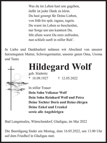 Traueranzeige von Hildegard Wolf (geb. Stiebritz)  von Magdeburger Volksstimme