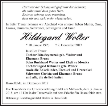 Traueranzeige von Hildegard Wolter  von Magdeburger Volksstimme