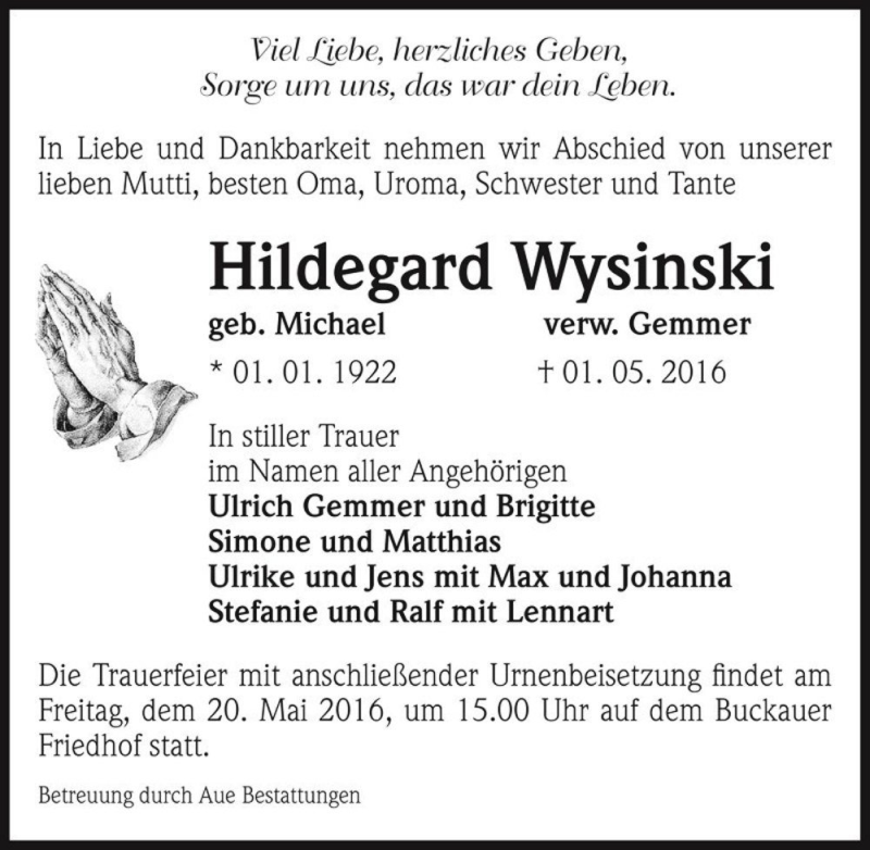  Traueranzeige für Hildegard Wysinski  vom 07.05.2016 aus Magdeburger Volksstimme