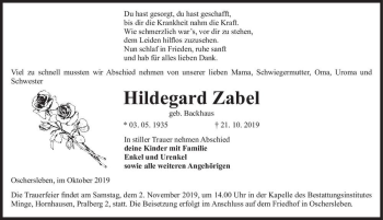 Traueranzeige von Hildegard Zabel (geb. Backhaus)  von Magdeburger Volksstimme