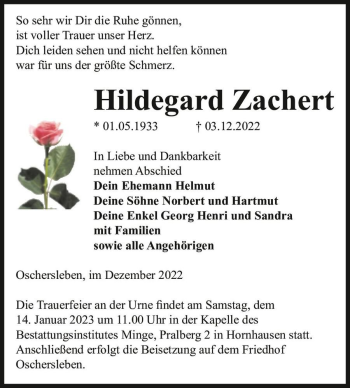 Traueranzeige von Hildegard Zachert  von Magdeburger Volksstimme