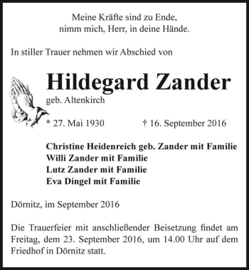 Traueranzeige von Hildegard Zander (geb. Altenkirch)  von Magdeburger Volksstimme