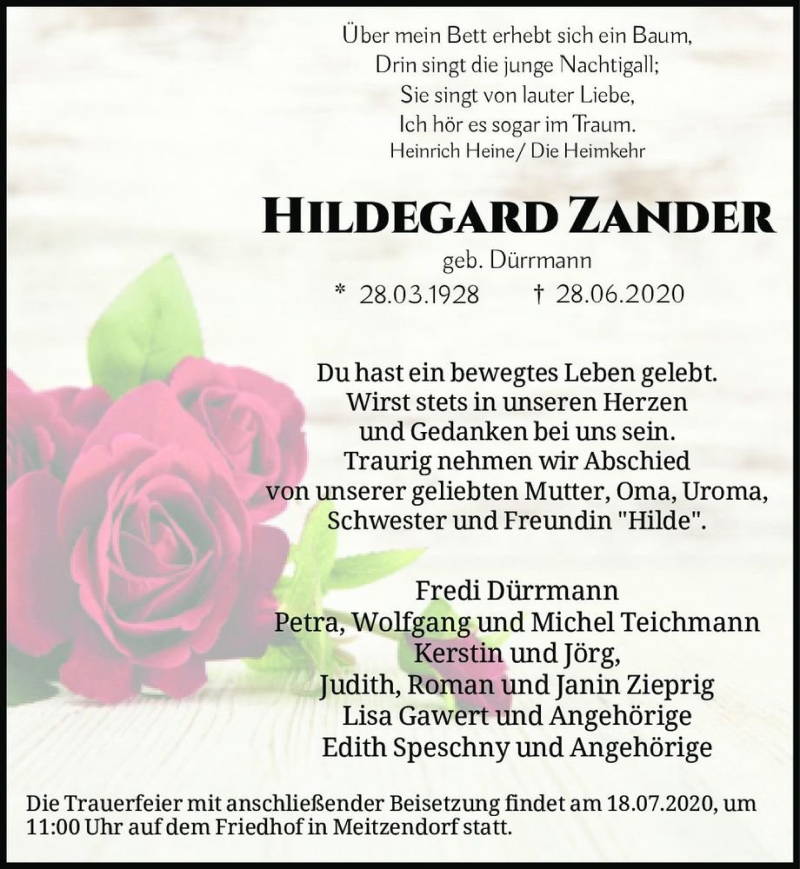  Traueranzeige für Hildegard Zander (geb. Dürrmann)  vom 11.07.2020 aus Magdeburger Volksstimme