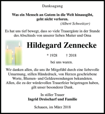 Traueranzeige von Hildegard Zennecke  von Magdeburger Volksstimme