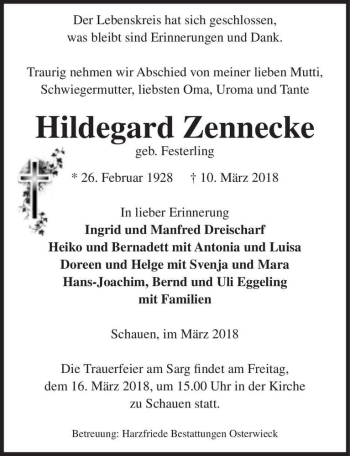 Traueranzeige von Hildegard Zennecke (geb. Festerling)  von Magdeburger Volksstimme