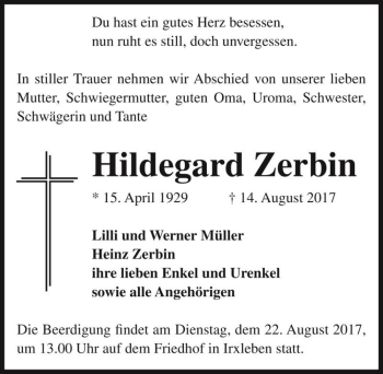 Traueranzeige von Hildegard Zerbin  von Magdeburger Volksstimme