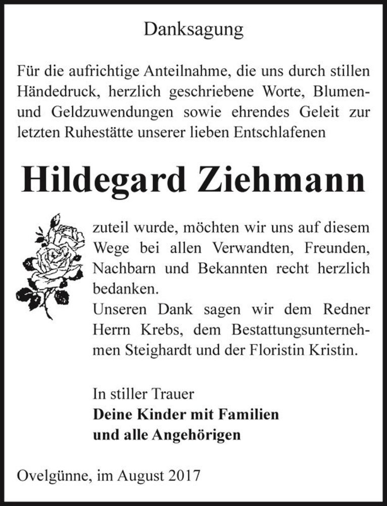  Traueranzeige für Hildegard Ziehmann  vom 05.08.2017 aus Magdeburger Volksstimme