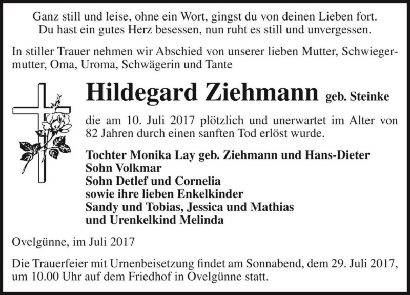  Traueranzeige für Hildegard Ziehmann (geb. Steinke)  vom 12.07.2017 aus Magdeburger Volksstimme