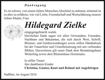 Traueranzeige von Hildegard Zielke  von Magdeburger Volksstimme