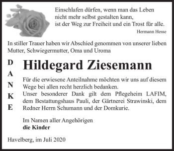Traueranzeige von Hildegard Ziesemann  von Magdeburger Volksstimme