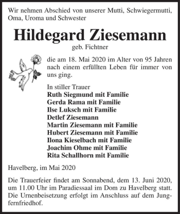 Traueranzeige von Hildegard Ziesemann (geb. Fichtner)  von Magdeburger Volksstimme