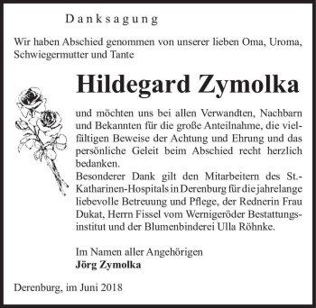 Traueranzeige von Hildegard Zymolka  von Magdeburger Volksstimme