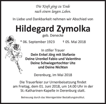 Traueranzeige von Hildegard Zymolka (geb. Denecke)  von Magdeburger Volksstimme