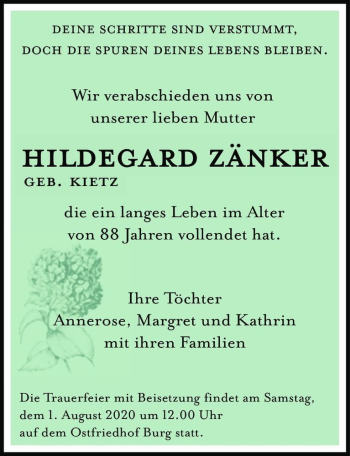 Traueranzeige von Hildegard Zänker (geb. Kietz)  von Magdeburger Volksstimme