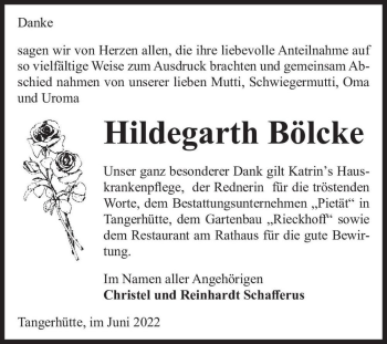 Traueranzeige von Hildegarth Bölcke  von Magdeburger Volksstimme