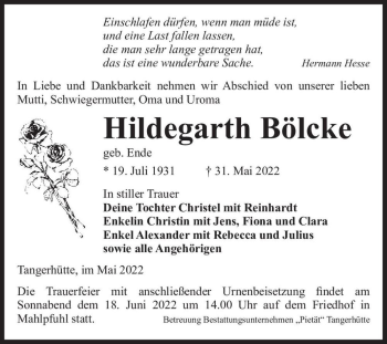 Traueranzeige von Hildegarth Bölcke (geb. Ende)  von Magdeburger Volksstimme