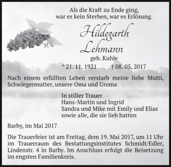 Traueranzeige von Hildegarth Lehmann (geb. Kuhle)  von Magdeburger Volksstimme