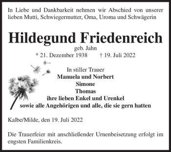 Traueranzeige von Hildegund Friedenreich (geb. Jahn)  von Magdeburger Volksstimme