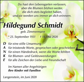 Traueranzeige von Hildegund Schmidt (geb. Zimmermann)  von Magdeburger Volksstimme