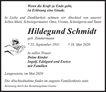 Traueranzeige von Hildegund Schmidt (geb. Zimmermann)  von Magdeburger Volksstimme