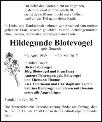 Traueranzeige von Hildegunde Blotevogel (geb. Gerasch)  von Magdeburger Volksstimme
