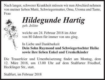 Traueranzeige von Hildegunde Hartig (geb. Jelitto)  von Magdeburger Volksstimme