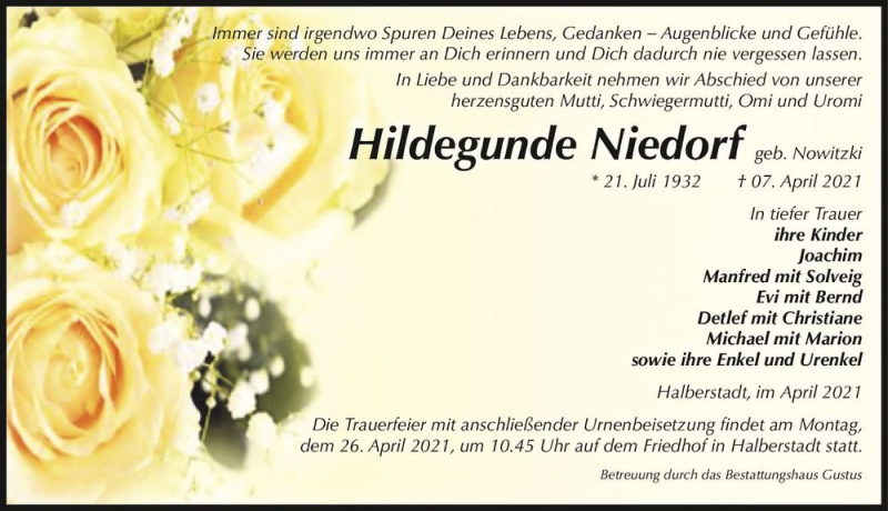  Traueranzeige für Hildegunde Niedorf (geb. Nowitzki)  vom 10.04.2021 aus Magdeburger Volksstimme