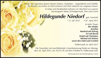 Traueranzeige von Hildegunde Niedorf (geb. Nowitzki)  von Magdeburger Volksstimme