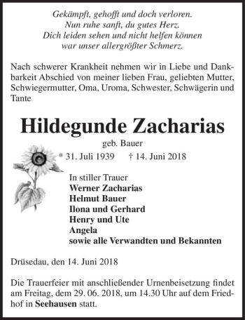 Traueranzeige von Hildegunde Zacharias (geb. Bauer)  von Magdeburger Volksstimme
