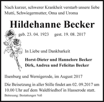 Traueranzeige von Hildehanne Becker  von Magdeburger Volksstimme