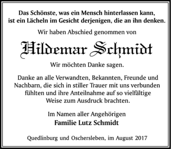 Traueranzeige von Hildemar Schmidt  von Magdeburger Volksstimme
