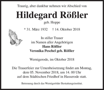Traueranzeige von Hildgard Rößler (geb. Hoppe)  von Magdeburger Volksstimme