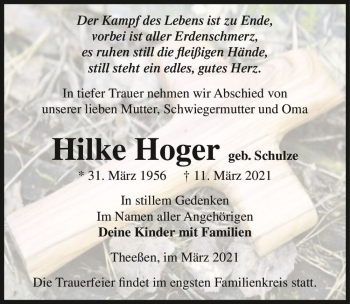 Traueranzeige von Hilge Hoger (geb. Schulze)  von Magdeburger Volksstimme