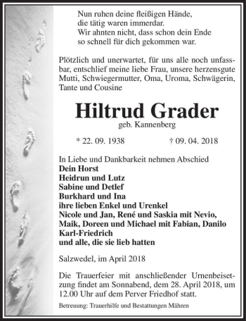Traueranzeige von Hilgrud Grader (geb. Kannenberg)  von Magdeburger Volksstimme