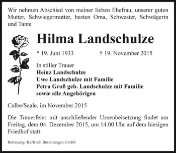 Traueranzeige von Hilma Landschulze  von Magdeburger Volksstimme