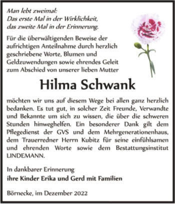 Traueranzeige von Hilma Schwank  von Magdeburger Volksstimme