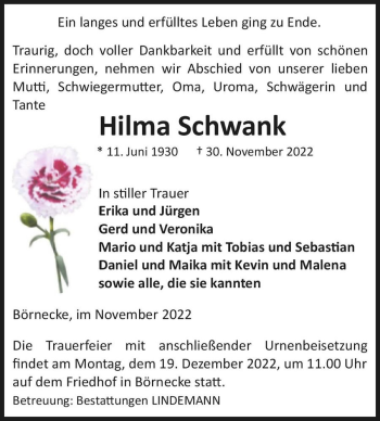 Traueranzeige von Hilma Schwank  von Magdeburger Volksstimme