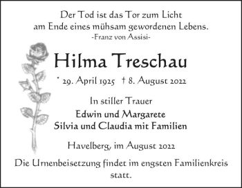 Traueranzeige von Hilma Treschau  von Magdeburger Volksstimme