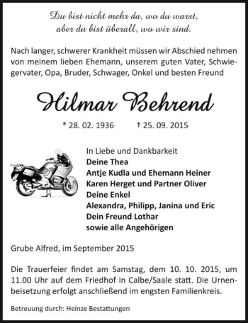 Traueranzeige von Hilmar Behrend  von Magdeburger Volksstimme