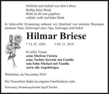 Traueranzeige von Hilmar Briese  von Magdeburger Volksstimme