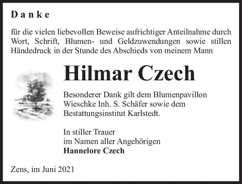  Traueranzeige für Hilmar Czech  vom 19.06.2021 aus Magdeburger Volksstimme