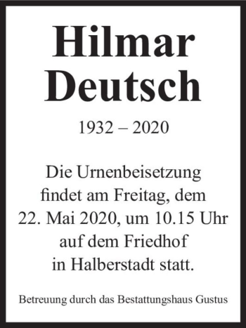Traueranzeige von Hilmar Deutsch  von Magdeburger Volksstimme