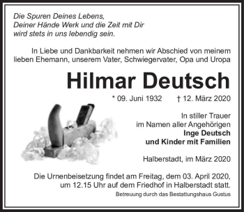 Traueranzeige von Hilmar Deutsch  von Magdeburger Volksstimme