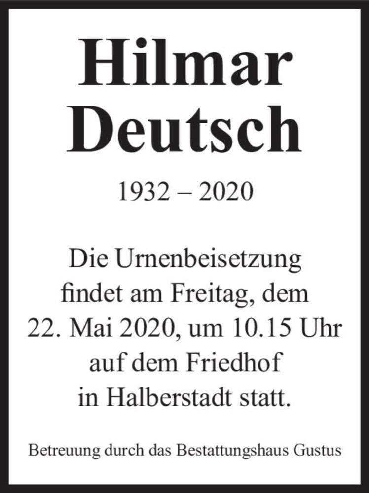  Traueranzeige für Hilmar Deutsch  vom 16.05.2020 aus Magdeburger Volksstimme
