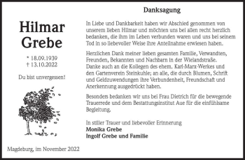 Traueranzeige von Hilmar Grebe  von Magdeburger Volksstimme
