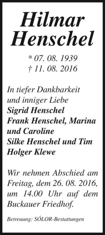 Traueranzeige von Hilmar Henschel  von Magdeburger Volksstimme