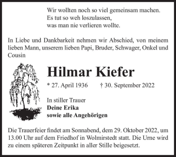 Traueranzeige von Hilmar Kiefer  von Magdeburger Volksstimme