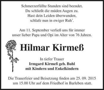 Traueranzeige von Hilmar Kirmeß  von Magdeburger Volksstimme